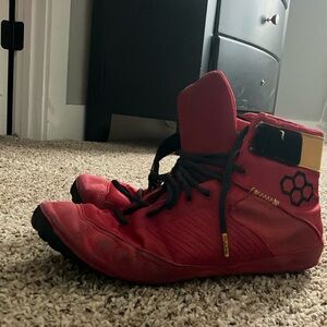 Red and Black High-Top Athletic Shoes with Ankle Support